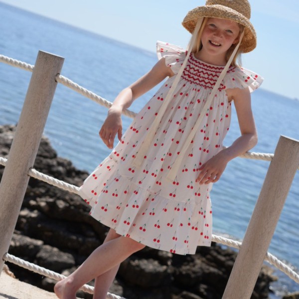 Indira Gandhi Flutter Dress Mon Cherry Cotton with a La Mode Hand Smocking
