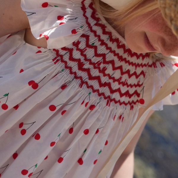 Indira Gandhi Flutter Dress Mon Cherry Cotton with a La Mode Hand Smocking