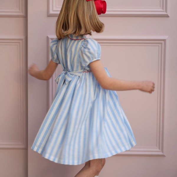 Thatcher Dress Sailor Stripe with White Heart Hand Smocking