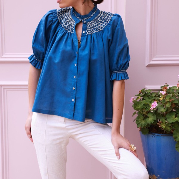 Scholl Blouse Cobalt Linen with Vanilla Hand Smocking Edition 54
