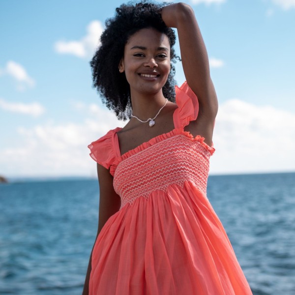 Wallis Simpson Dress Coral Dreams Organdie with Chantilly Hand Smocking
